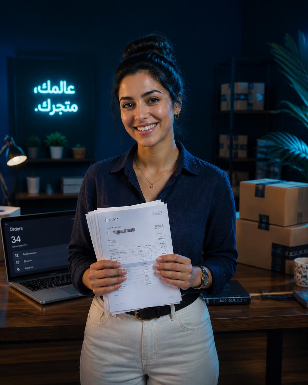 Jeune entrepreneure algérienne souriante tenant les bons de commande imprimés de sa boutique en ligne